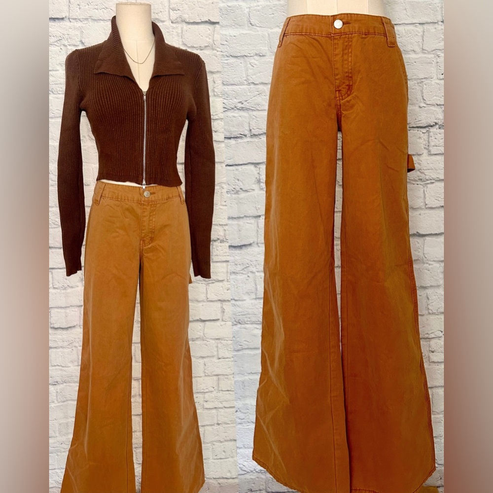Forever 21 100% Cotton Wide-Leg Flared Pants Camel Brown Tan Boho 70s Academia